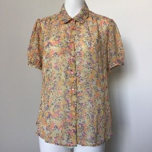 Urban Outfitters Sheer Yellow Floral Button Down L